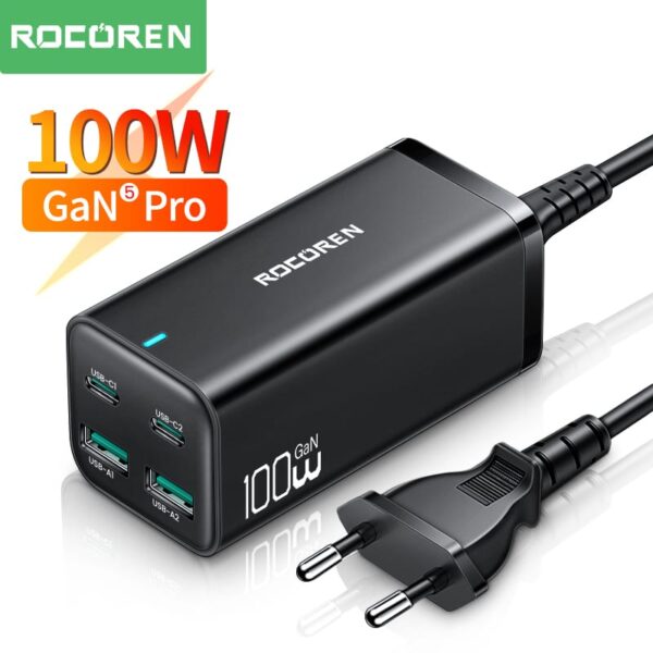 Chargeur GAN 100W Rocoren compact et rapide, avec ports multiples pour une charge ultra-performante.