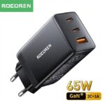Chargeur GAN 65W Rocoren avec ports multiples, compact et rapide pour une charge efficace.