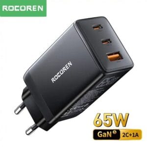 Chargeur GAN 65W Rocoren avec ports multiples, compact et rapide pour une charge efficace.
