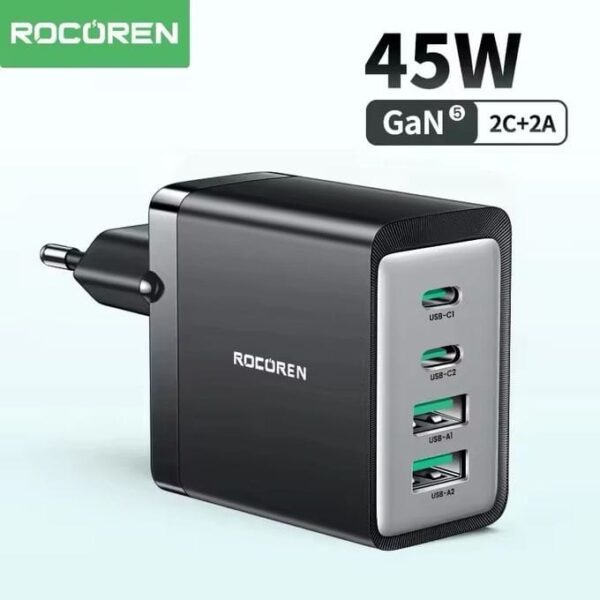 Chargeur GAN 45W Rocoren compact et rapide avec ports multiples pour une charge efficace.