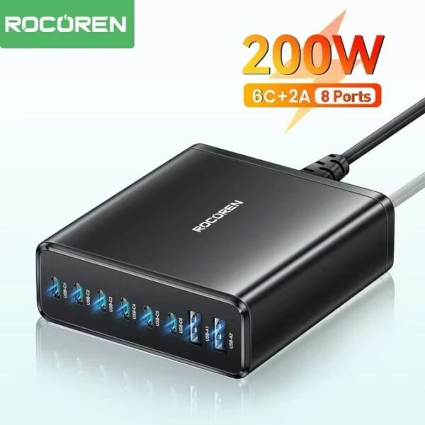 Chargeur de bureau Rocoren avec ports multiples, design compact et charge rapide pour appareils modernes.