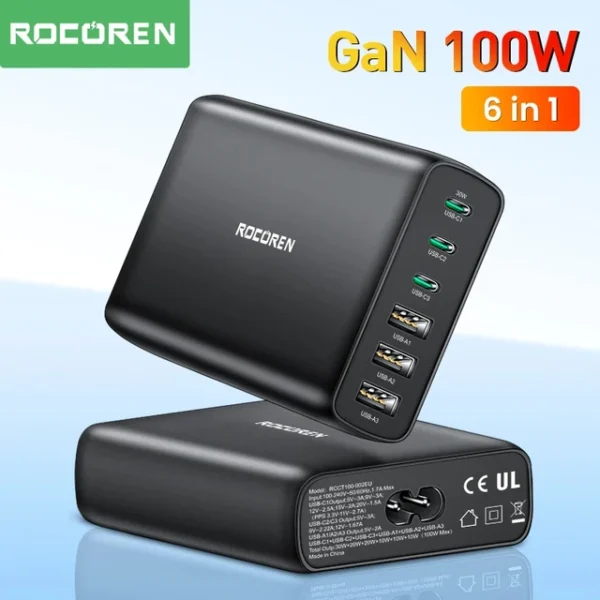 Chargeur Bureau GAN Rocoren avec ports multiples pour une charge rapide et efficace