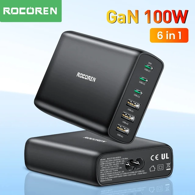 Chargeur Bureau GAN Rocoren avec ports multiples pour une charge rapide et efficace