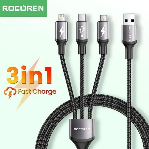 Câble USB 3 en 1 Rocoren, pratique, polyvalent et rapide pour tous vos appareils.