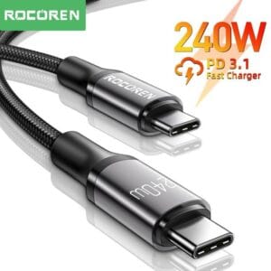 Câble USB-C 240W Rocoren, charge rapide et robuste pour appareils modernes.