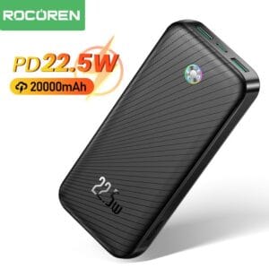 Power Bank 20000mAh avec charge rapide, autonomie prolongée et garantie 1 an.