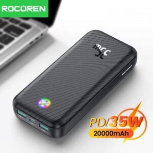 Pro Max Power Bank 20000mAh 35W avec charge rapide, compatible avec plusieurs appareils.