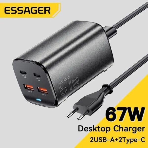 Chargeur GaN Puissant et Compact Essager 67W pour recharge rapide et efficace.