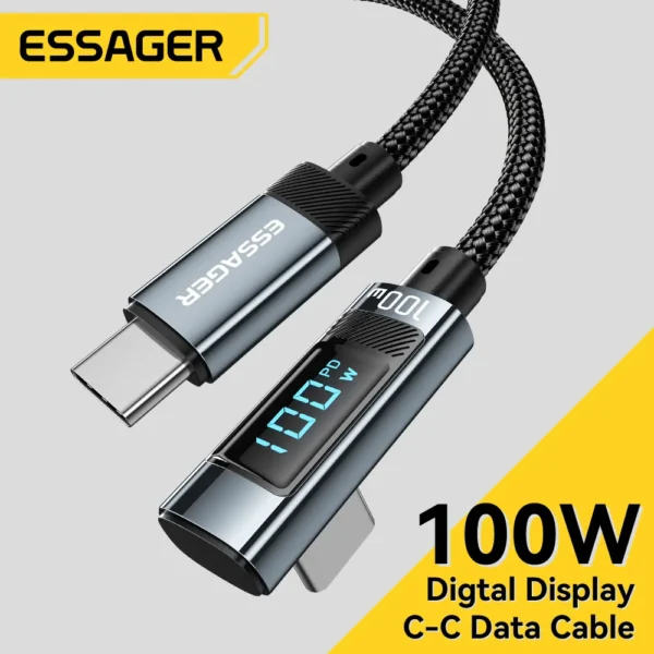 Essager Câble USB-C 100W – Résistant à 90° avec affichage PD pour charge rapide et sécurité.