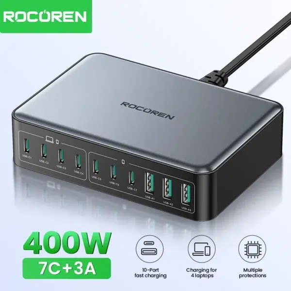 Rocoren Chargeur Rapide USB Type-C 400W – Station d’Alimentation Portable