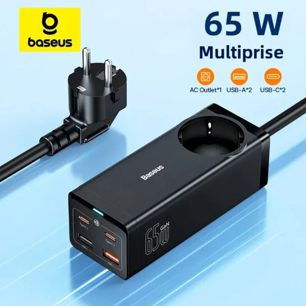 Baseus 65W GaN Charger Power Strip – Vue complète avec 4 ports USB