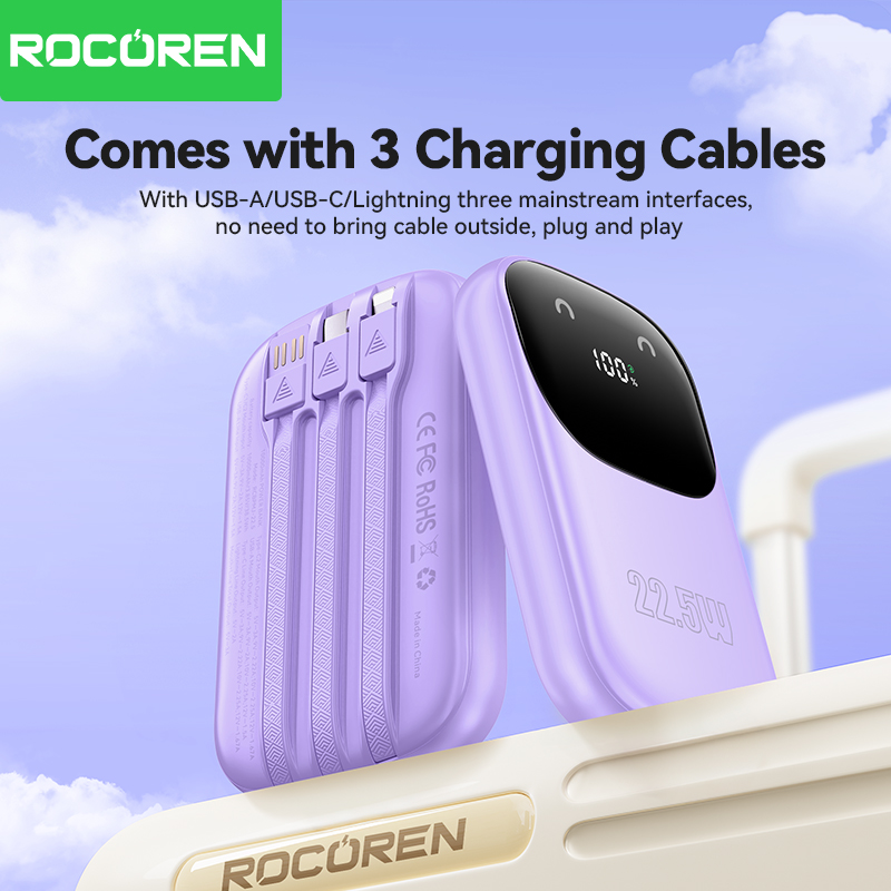 附1 Rocoren Banque d’alimentation 22.5W 3 câbles – Batterie externe rapide pour iPhone Samsung
