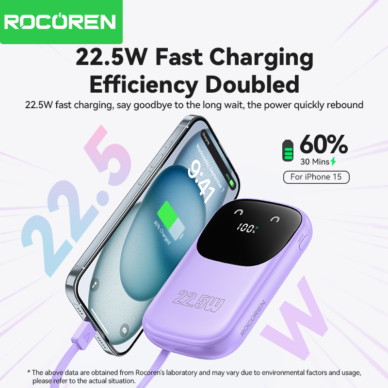 附2 Rocoren Banque d’alimentation 22.5W 3 câbles – Batterie externe rapide pour iPhone Samsung