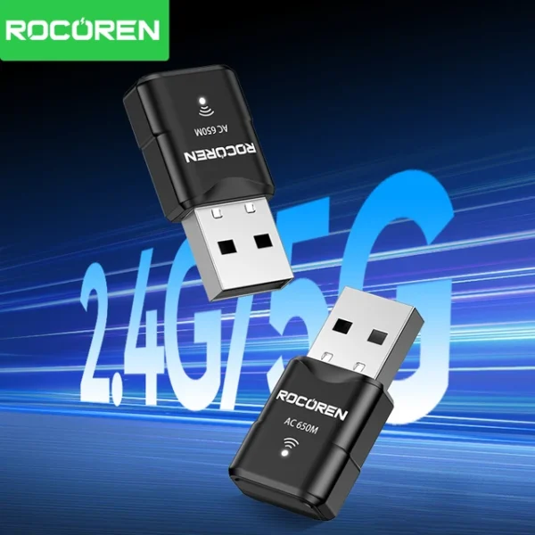 Rocoren Adaptateur WiFi USB Portable 650Mbps – Carte Réseau Ethernet Sans Fil 2.4G 5G