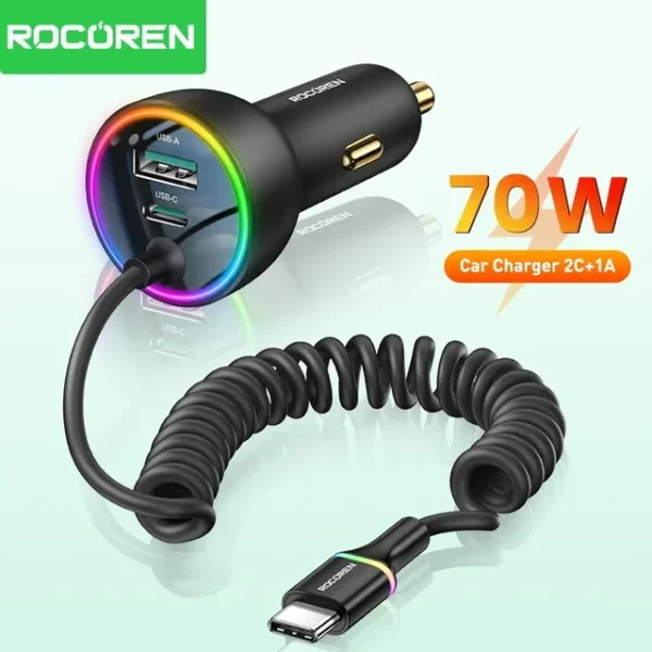 Rocoren Chargeur de Voiture 70W USB-C avec Câble LED