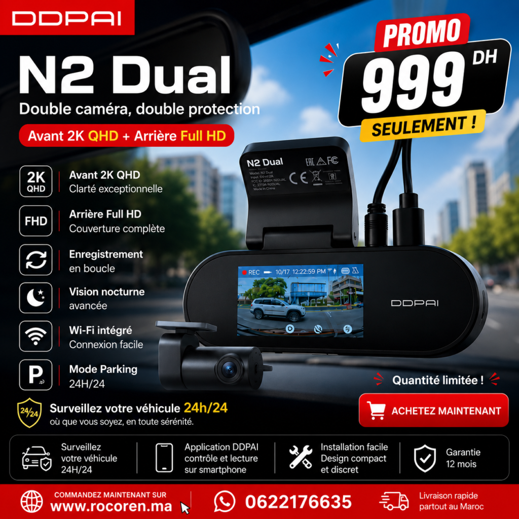 DDPai N2 Dual 2K Dash Cam – Caméra voiture Maroc