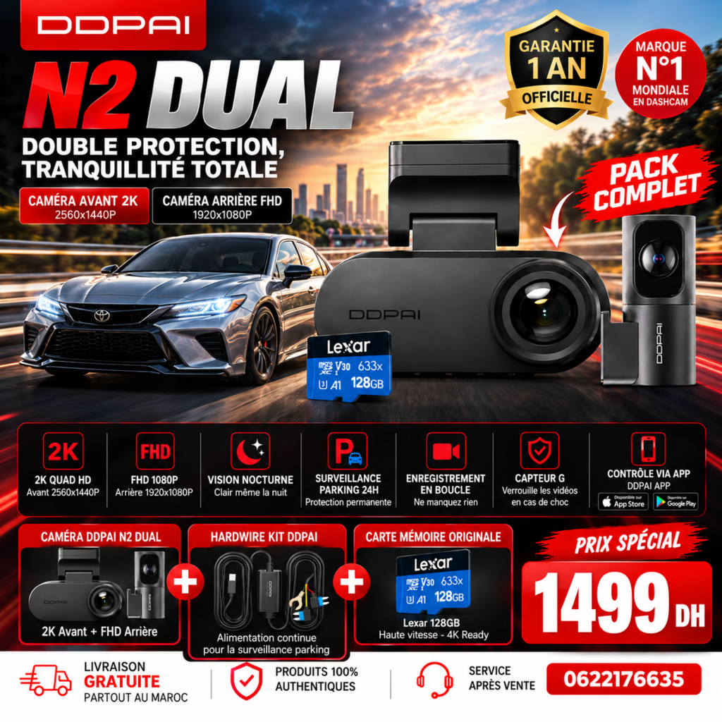 DDPAI N2 Dual Maroc – Caméra Voiture 2K Avant + Arrière avec Hardwire Kit & Carte 128GB U3 Offerts