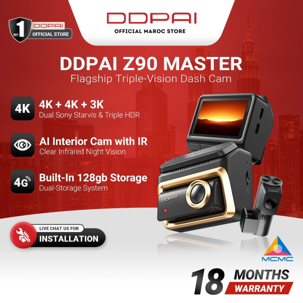 Dash Cam DDPAI Z90 Master 3 Canaux 4K avec caméra avant arrière intérieur et Hardwire Kit offert