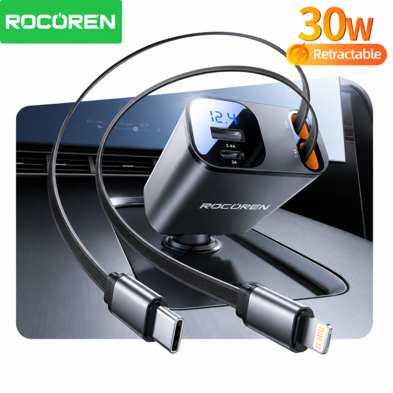Rocoren Chargeur Voiture Rétractable USB-C Lightning PD 30W