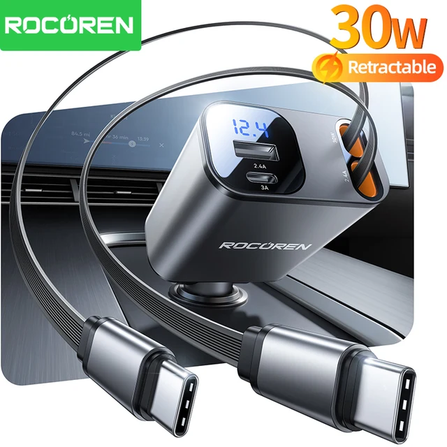 Rocoren Chargeur Voiture Rétractable 4-en-1 PD 30W Double USB-C